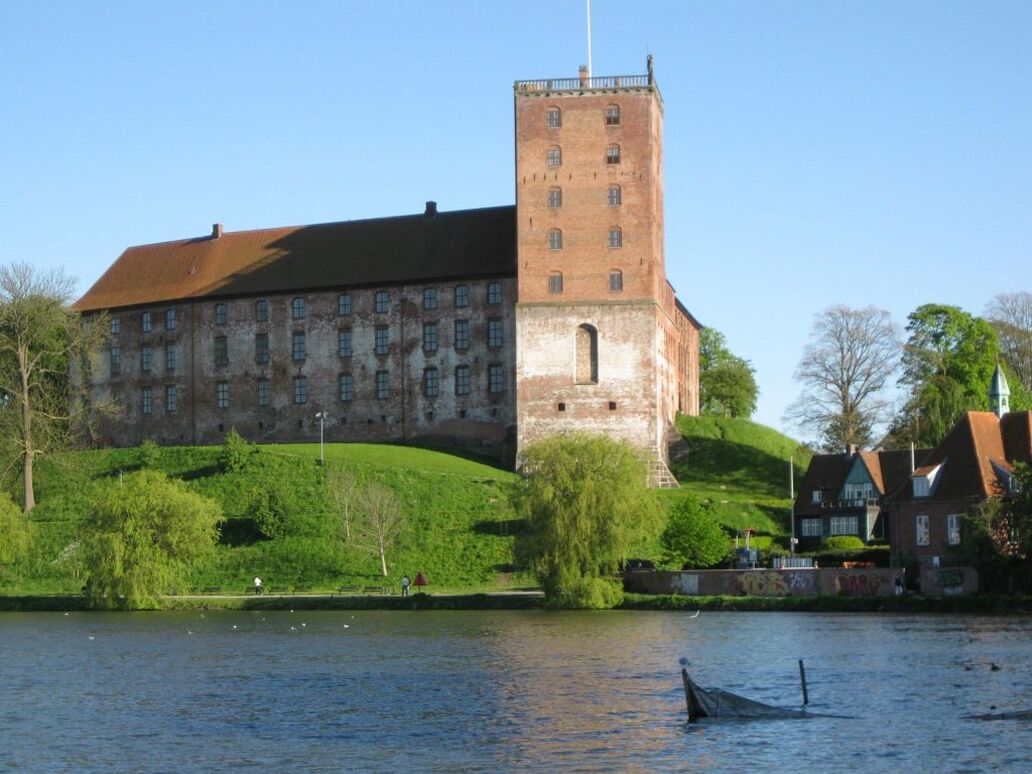 Slottet Koldinghus med sø i forgrunden.